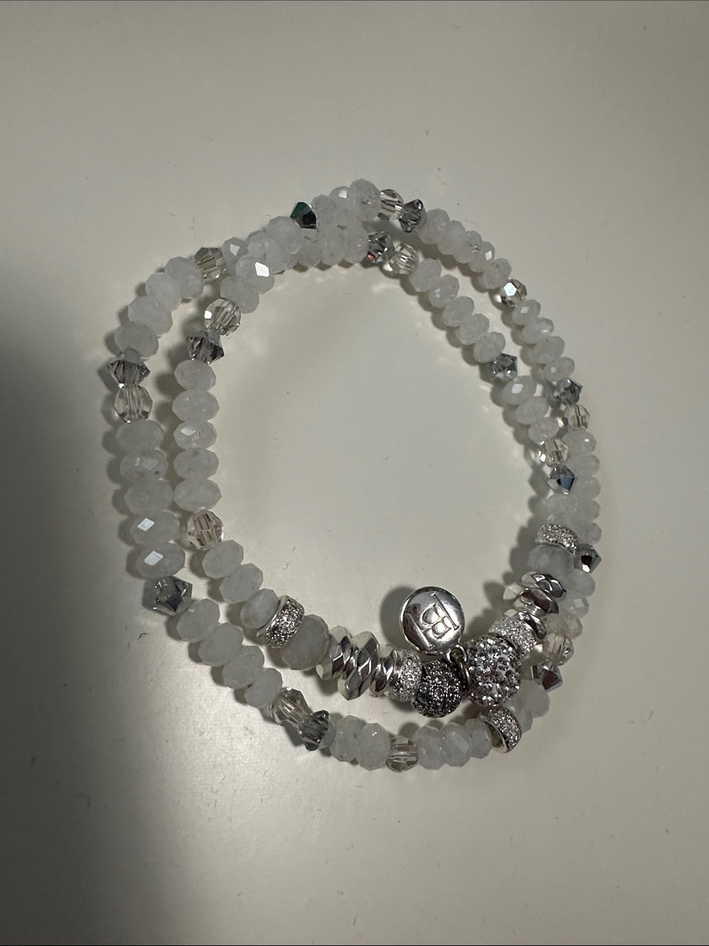 White Beaded Stretch Bracelet Set with Silver Accents